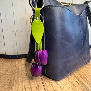 Leather Purple Tulip Purse Charm Genuine Leather Tulip Flower Bag Charm